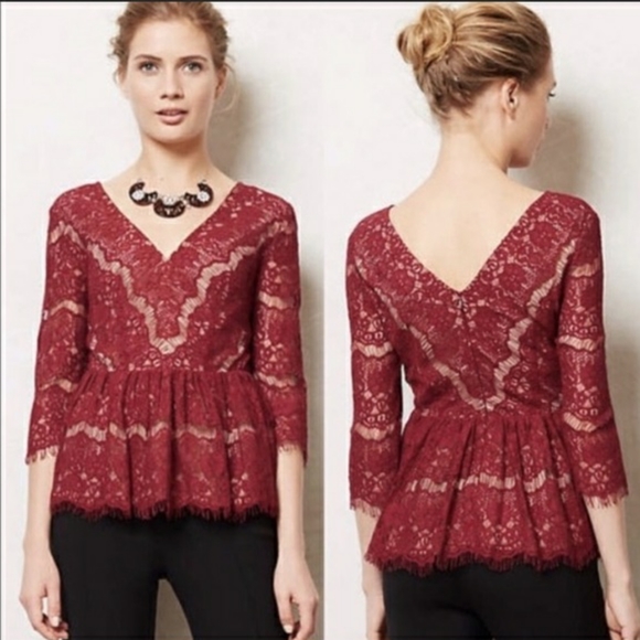 Anthropologie Maeve Red Needlelace Peplum Shirt - Picture 9 of 9